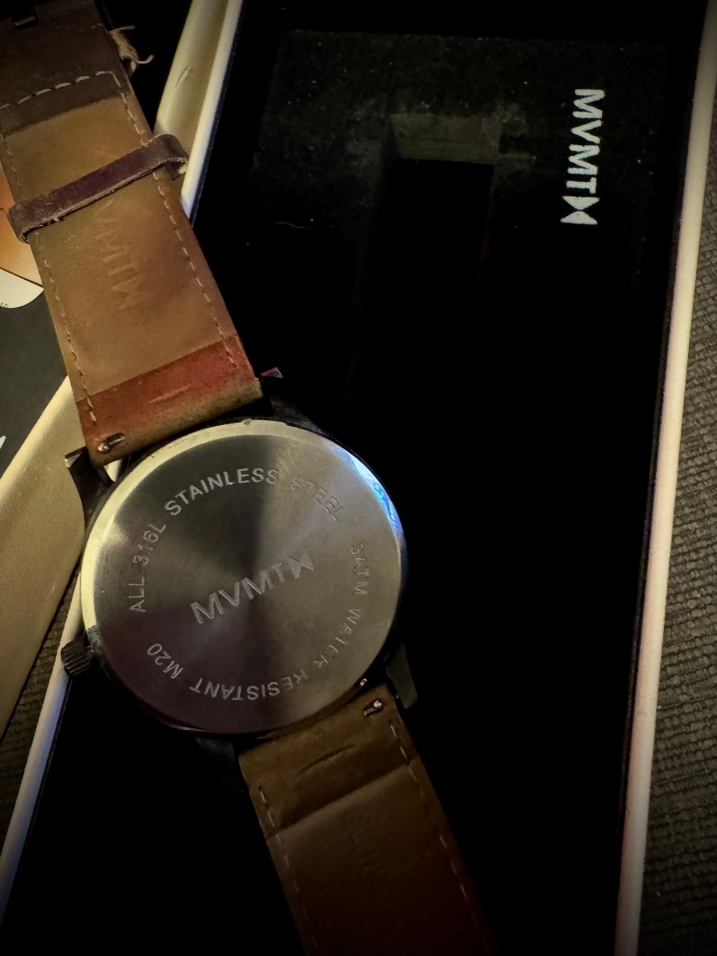 MVMT Watch Classic Grey/Blue And Light Brown Sand Leather Band. Original Box - 2015