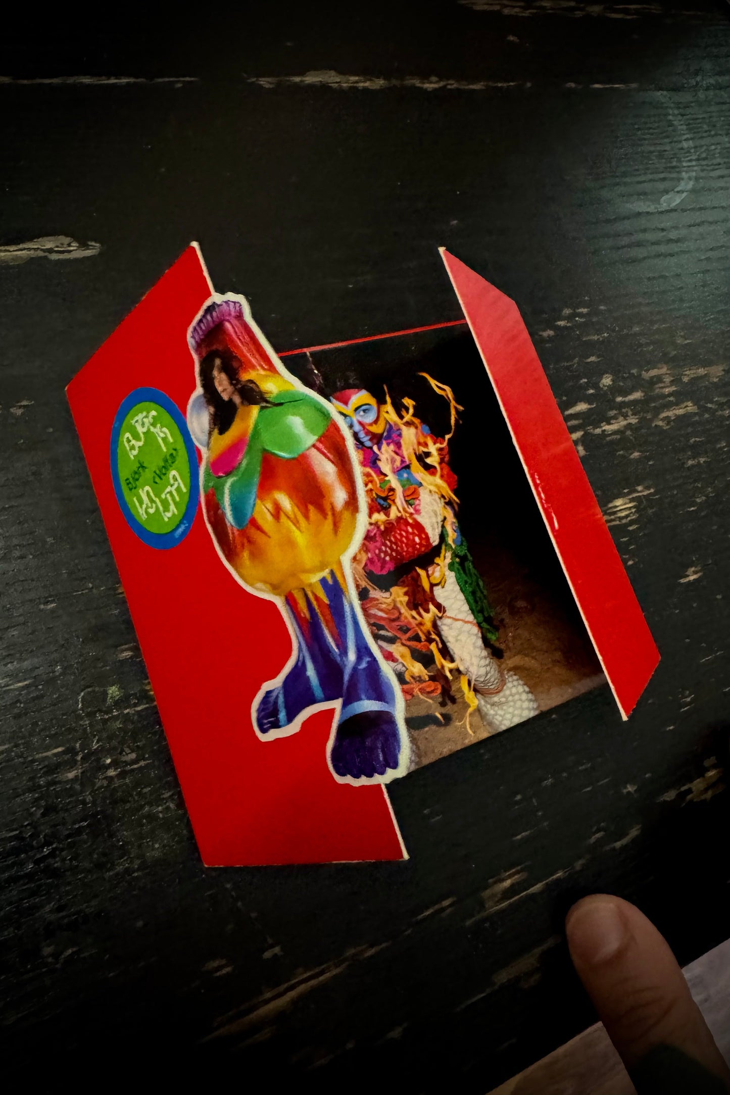 A digipak album case open to display the content with a colorful figurine of Bjork on the left side and a blurred image in the background.