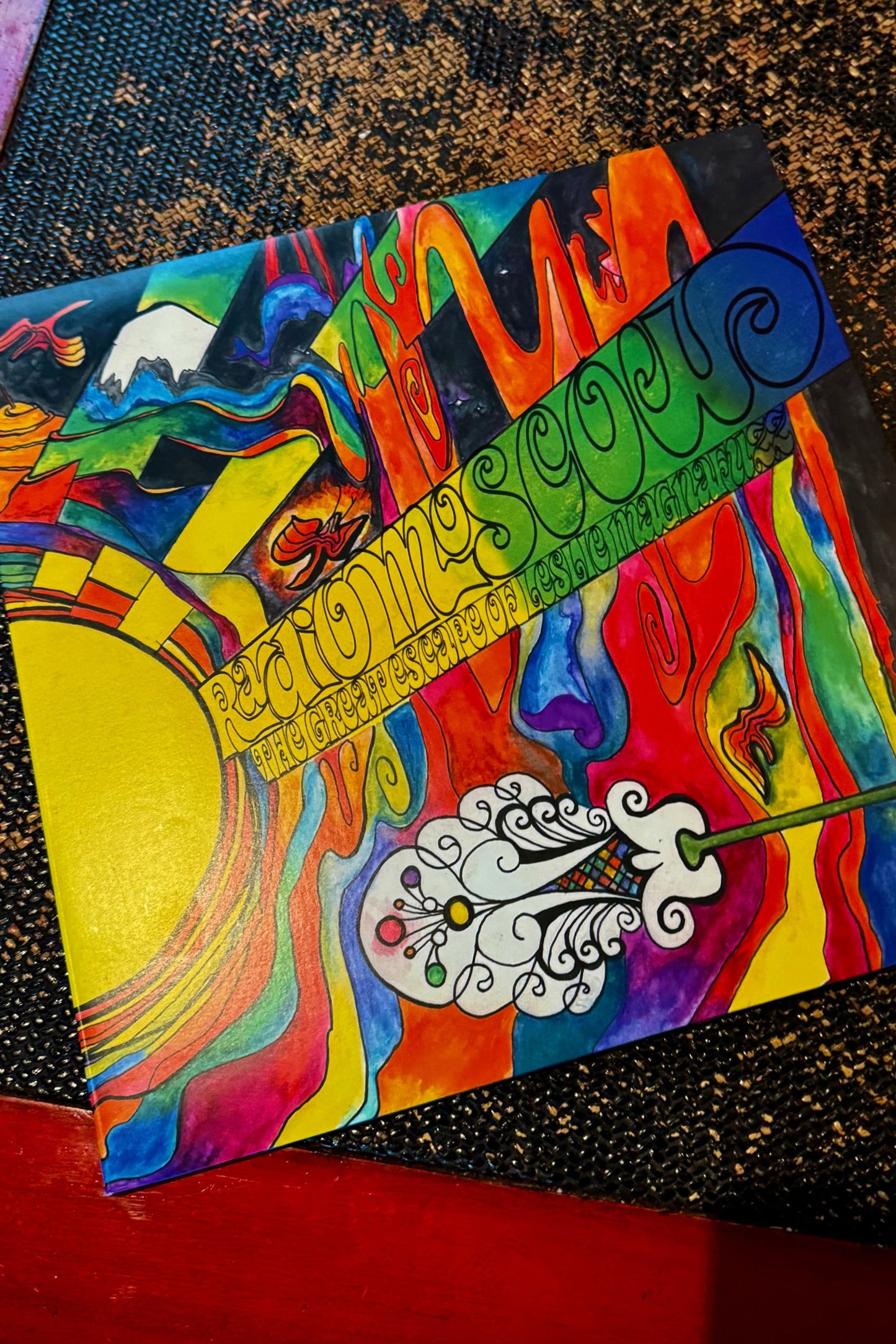 Limited edition vinyl LP of Radio Moscow album 'The Great Escape Of Leslie Magnafuzz' with a colorful, abstract cover design.